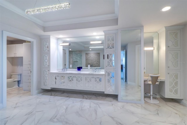 bathroom with walk in shower, ornamental molding, vanity, a chandelier, and toilet