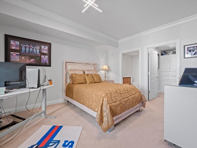 carpeted bedroom with ornamental molding