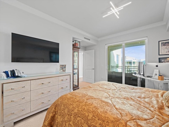 carpeted bedroom featuring access to exterior and crown molding