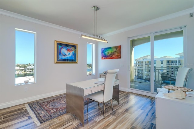 dining room with wood-type flooring, crown molding, and a healthy amount of sunlight