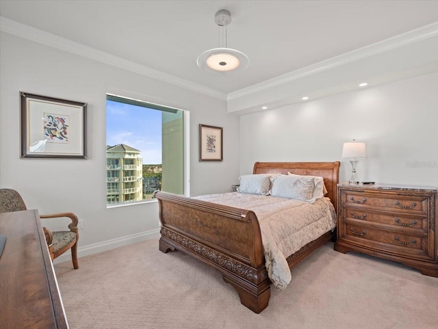 carpeted bedroom featuring ornamental molding