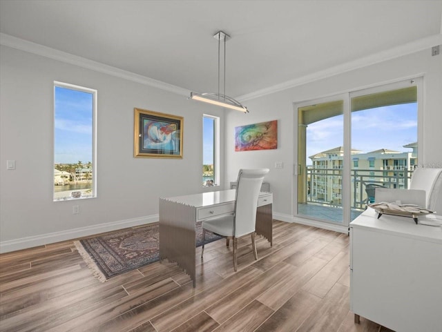 dining area featuring hardwood / wood-style floors and ornamental molding