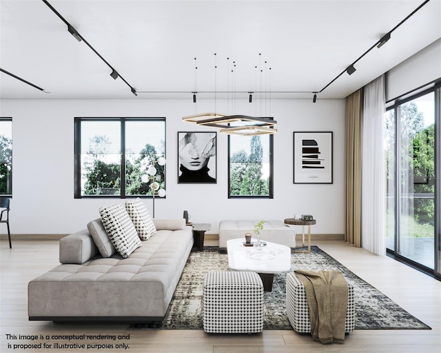 living room featuring light hardwood / wood-style floors and rail lighting