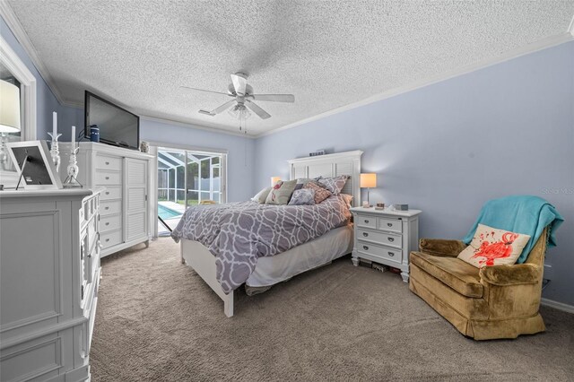 bedroom with light carpet, access to outside, ceiling fan, and crown molding