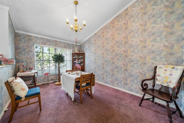 carpeted dining room featuring wallpapered walls, crown molding, vaulted ceiling, and a notable chandelier