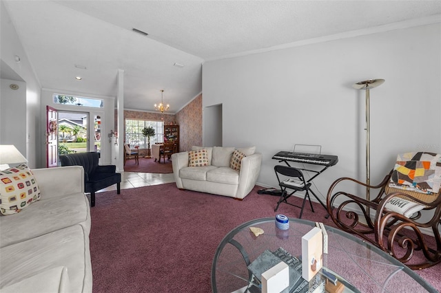 living area featuring tile patterned flooring, vaulted ceiling, crown molding, carpet flooring, and a chandelier