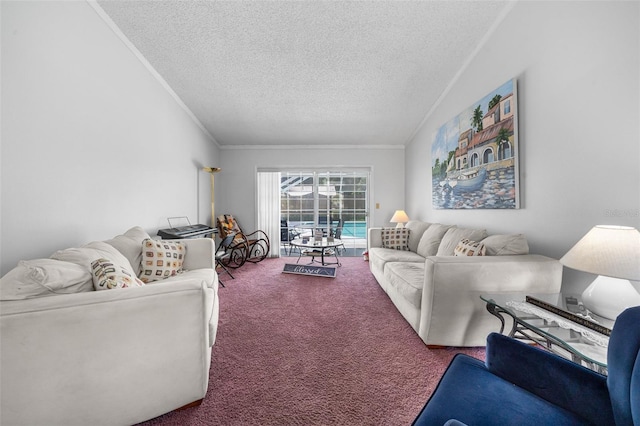 living room featuring ornamental molding, carpet, and a textured ceiling