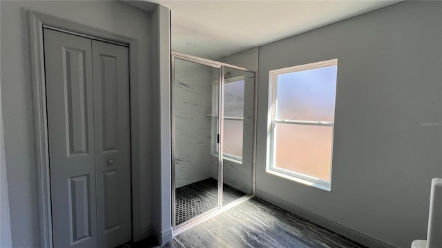 interior space featuring a closet, multiple windows, and wood finished floors