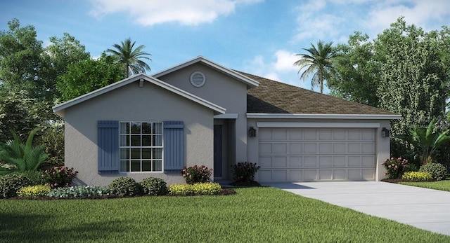 ranch-style house featuring a front lawn and a garage