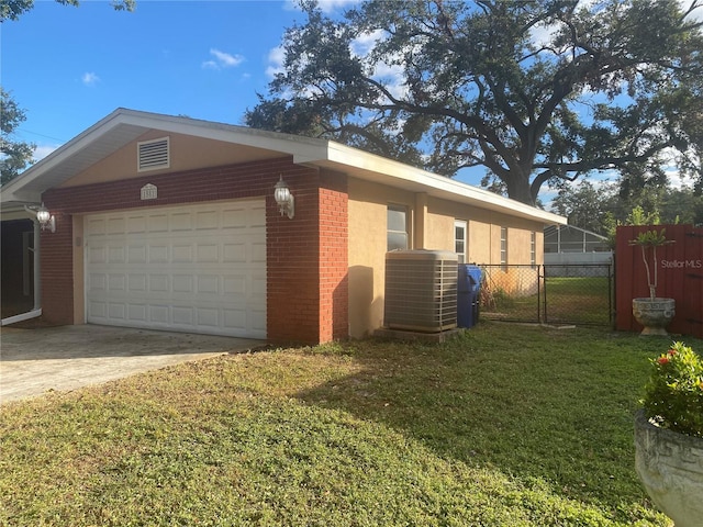 view of property exterior featuring a lawn and a garage