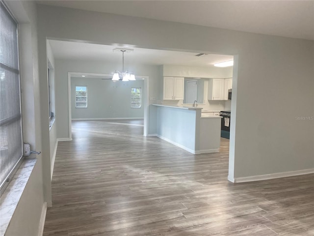 interior space featuring a chandelier, hardwood / wood-style floors, and sink