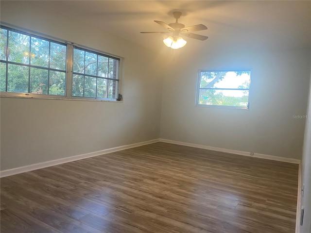 spare room with dark hardwood / wood-style flooring, a wealth of natural light, and ceiling fan