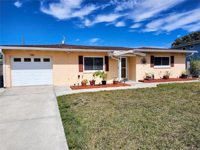 single story home featuring an attached garage, driveway, a front yard, and stucco siding