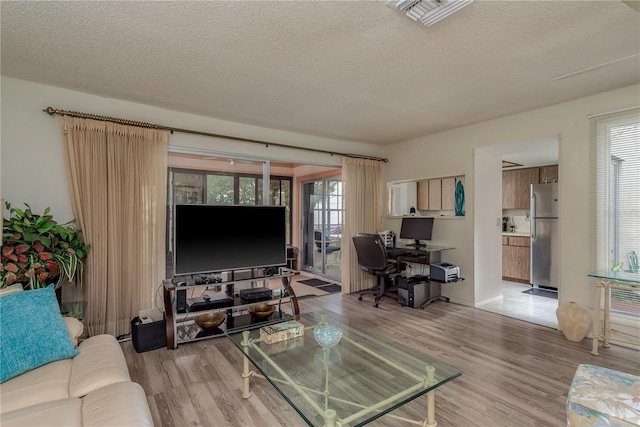 living room featuring a healthy amount of sunlight, a textured ceiling, and light hardwood / wood-style flooring