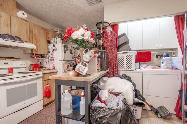 kitchen with washer and dryer, white electric range, a textured ceiling, and ventilation hood