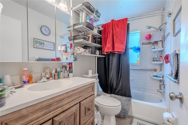 full bathroom featuring tile patterned flooring, shower / bath combination with curtain, toilet, and vanity