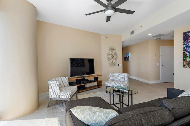 living room with ceiling fan