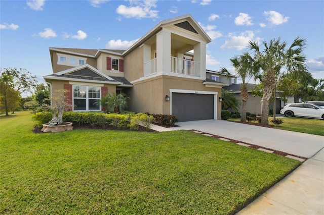 view of front of house with a garage, a balcony, and a front lawn