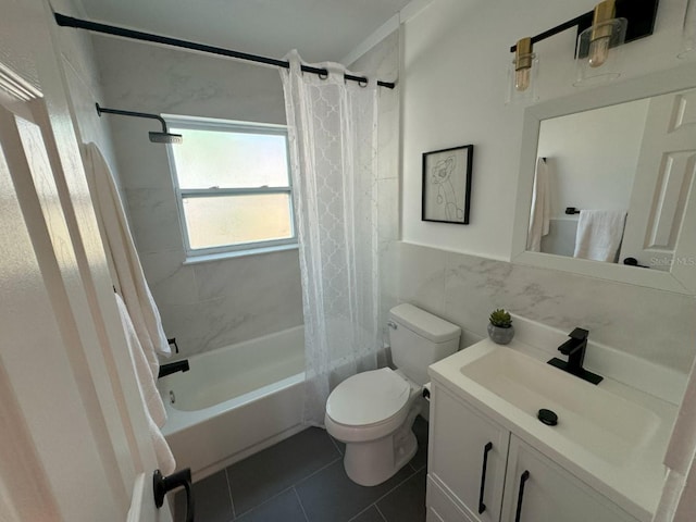 full bathroom featuring tile patterned floors, vanity, shower / tub combo, and toilet