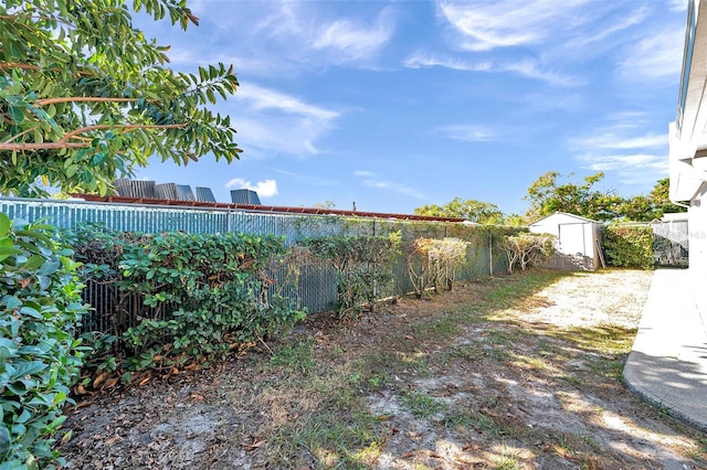 view of yard featuring a storage unit