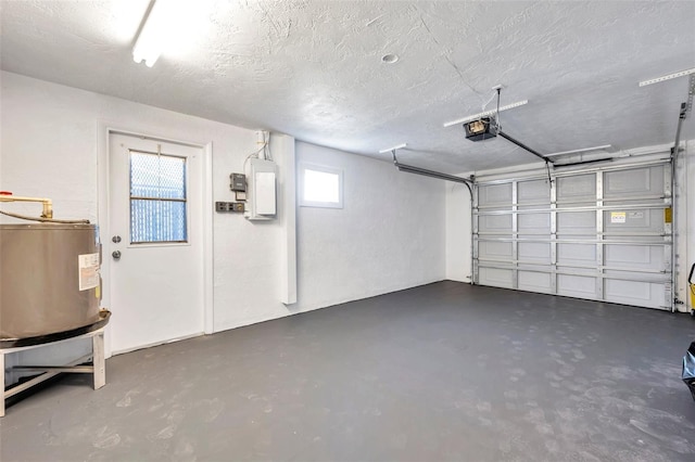 garage with electric panel, a garage door opener, and water heater