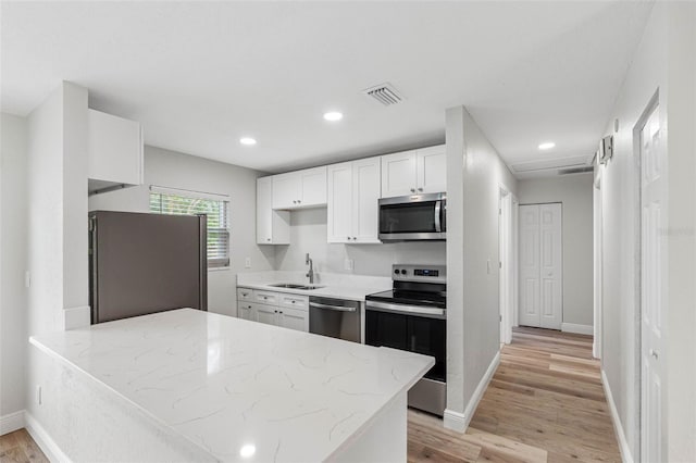 kitchen with white cabinets, sink, light stone countertops, light hardwood / wood-style floors, and stainless steel appliances