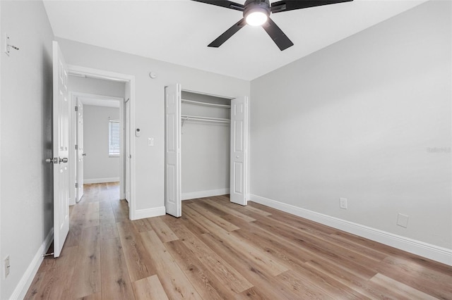 unfurnished bedroom with a closet, ceiling fan, and light hardwood / wood-style flooring