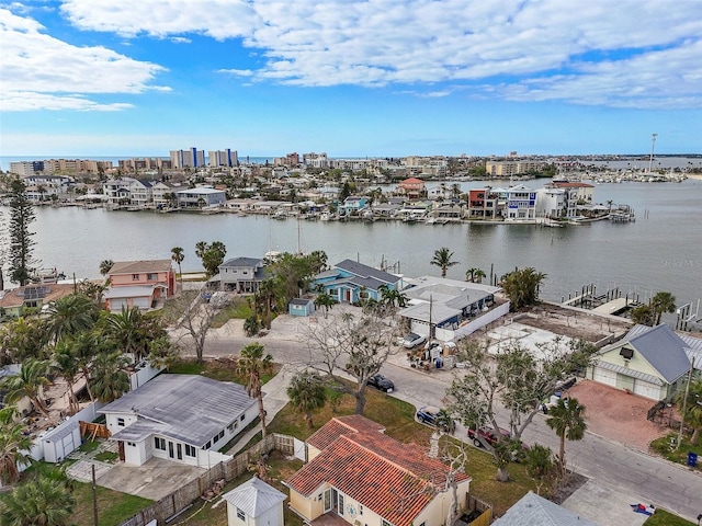 drone / aerial view featuring a water view