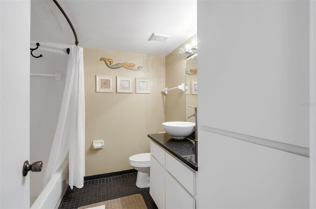 full bathroom with tile patterned flooring, vanity, shower / bath combination with curtain, and toilet