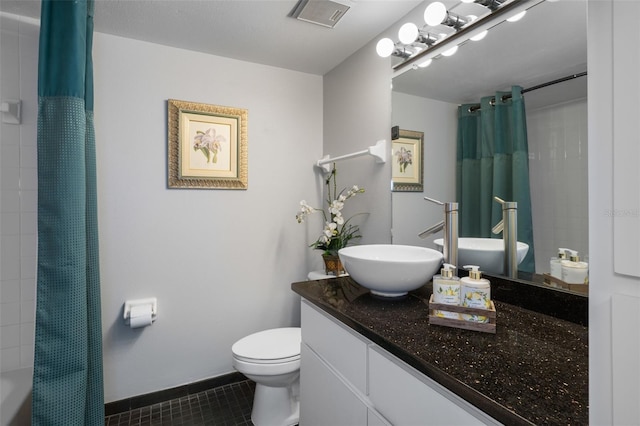 full bath with tile patterned flooring, visible vents, baseboards, toilet, and vanity