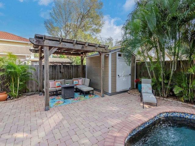 view of patio / terrace with an outdoor living space, a pergola, a fenced in pool, and a storage shed