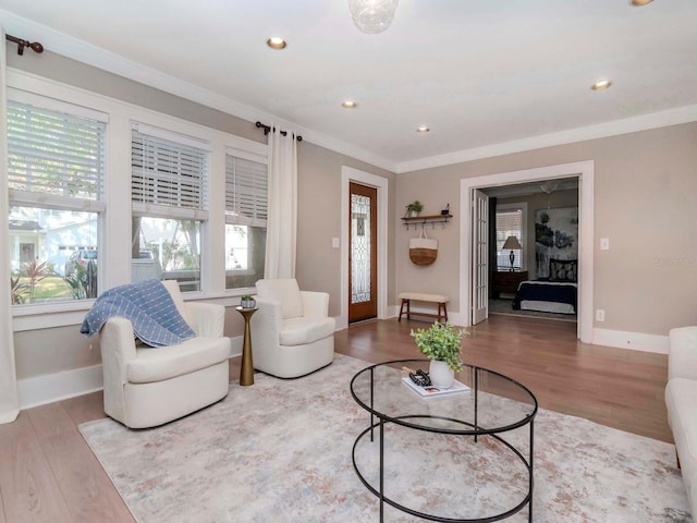 living room featuring crown molding and wood-type flooring