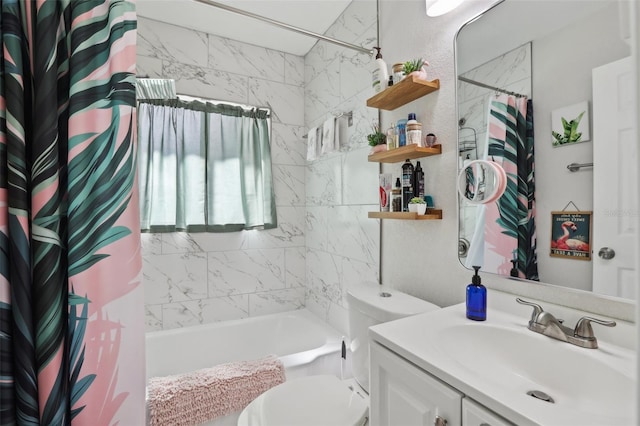 full bathroom featuring shower / bath combo, toilet, and vanity