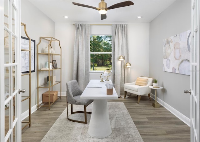 office space featuring ceiling fan, dark wood-type flooring, and french doors