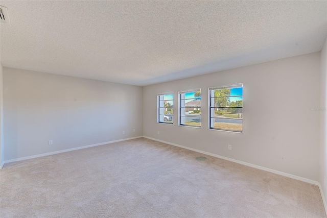 spare room featuring light carpet and a textured ceiling