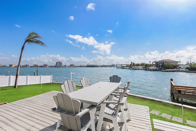 view of dock featuring a water view and a yard