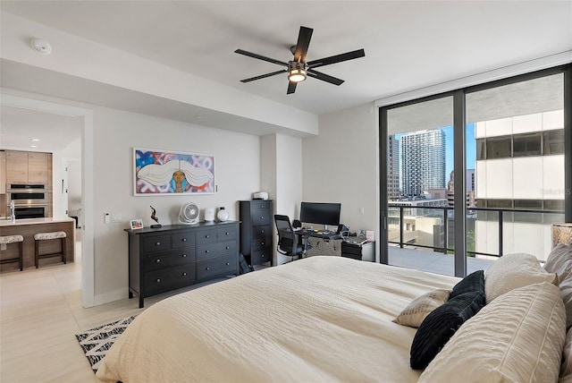 bedroom with access to outside, ceiling fan, and light tile patterned floors