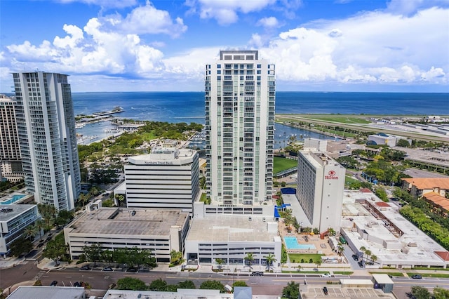 drone / aerial view with a water view