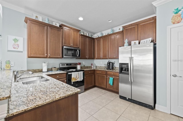 kitchen featuring sink, stainless steel appliances, light stone counters, kitchen peninsula, and crown molding