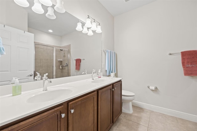 bathroom with tile patterned flooring, vanity, an enclosed shower, and toilet