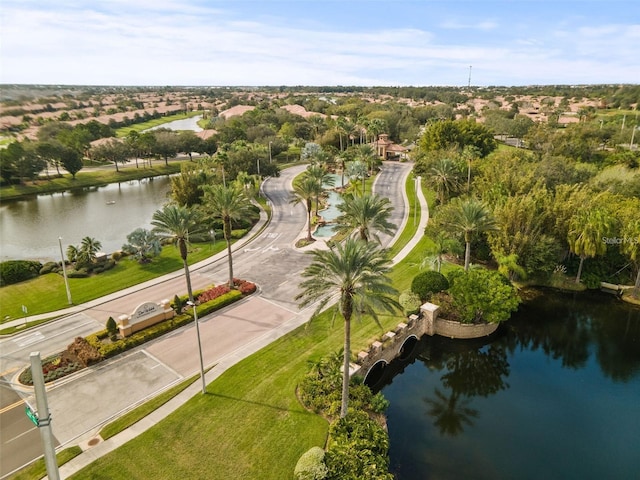 drone / aerial view featuring a water view