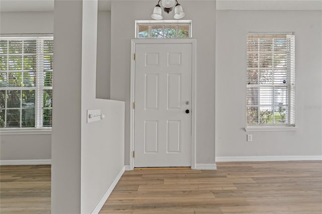 foyer with a healthy amount of sunlight, light hardwood / wood-style flooring, and a notable chandelier