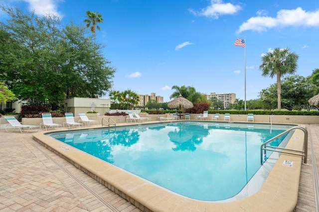 view of swimming pool featuring a patio area