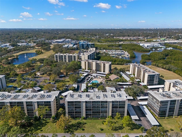 drone / aerial view with a water view