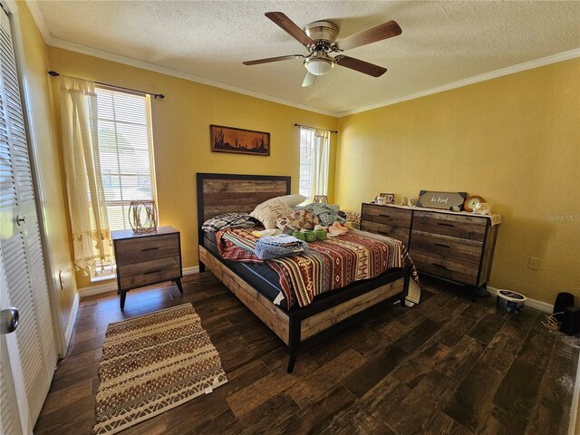 3141 Ludlow Dr, New Port Richey, FL 34655 - bedroom with wood finished floors, a textured ceiling, ornamental molding, multiple windows, and baseboards