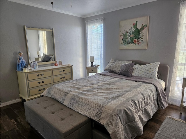 3141 Ludlow Dr, New Port Richey, FL 34655 - bedroom featuring dark wood-style floors, ornamental molding, baseboards, and a textured wall