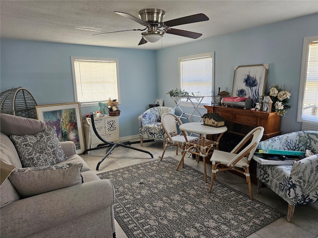 3141 Ludlow Dr, New Port Richey, FL 34655 - living room with tile patterned floors, a ceiling fan, and a textured ceiling
