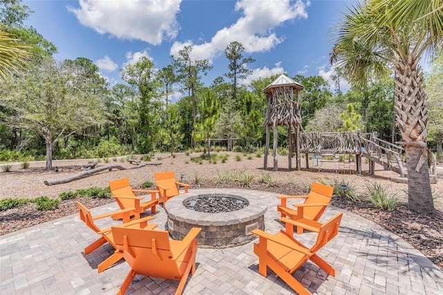 view of patio / terrace featuring an outdoor fire pit