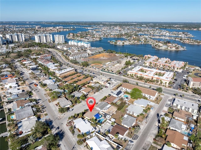 drone / aerial view with a water view