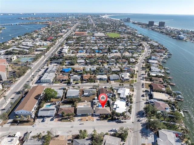 drone / aerial view featuring a water view